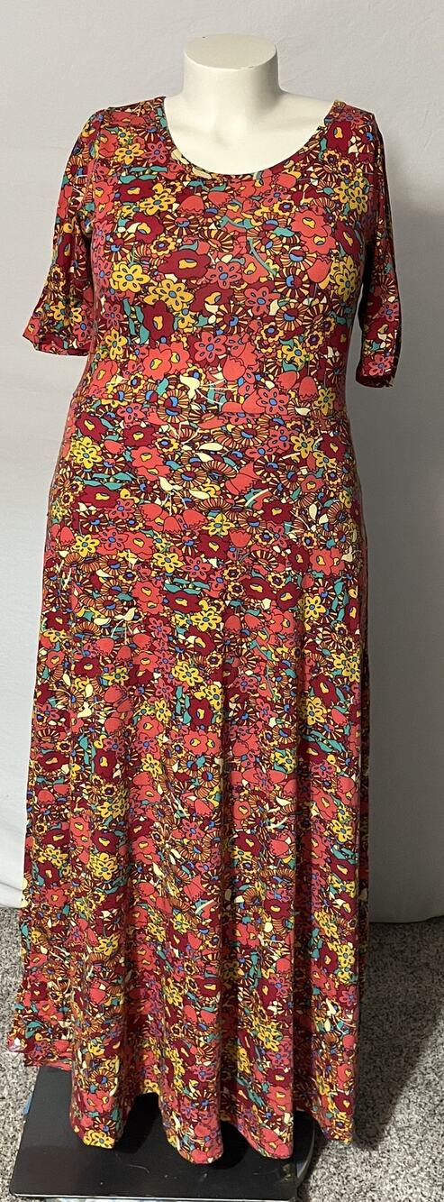 LuLaRoe 2XL Floral Ana Maxi Dress Elbow Sleeve Red Yellow Boho Stretch